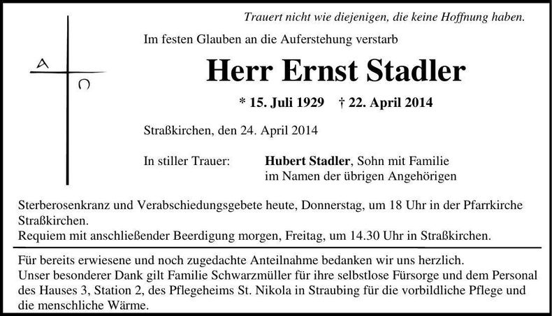 Traueranzeige Ernst Stadler
