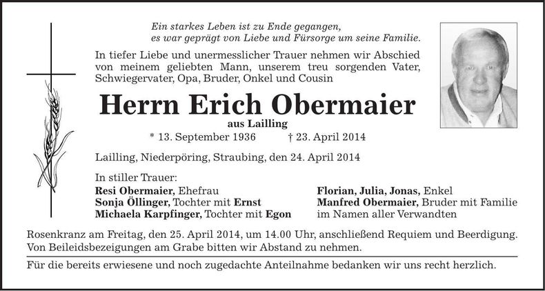 Traueranzeige Erich Obermaier