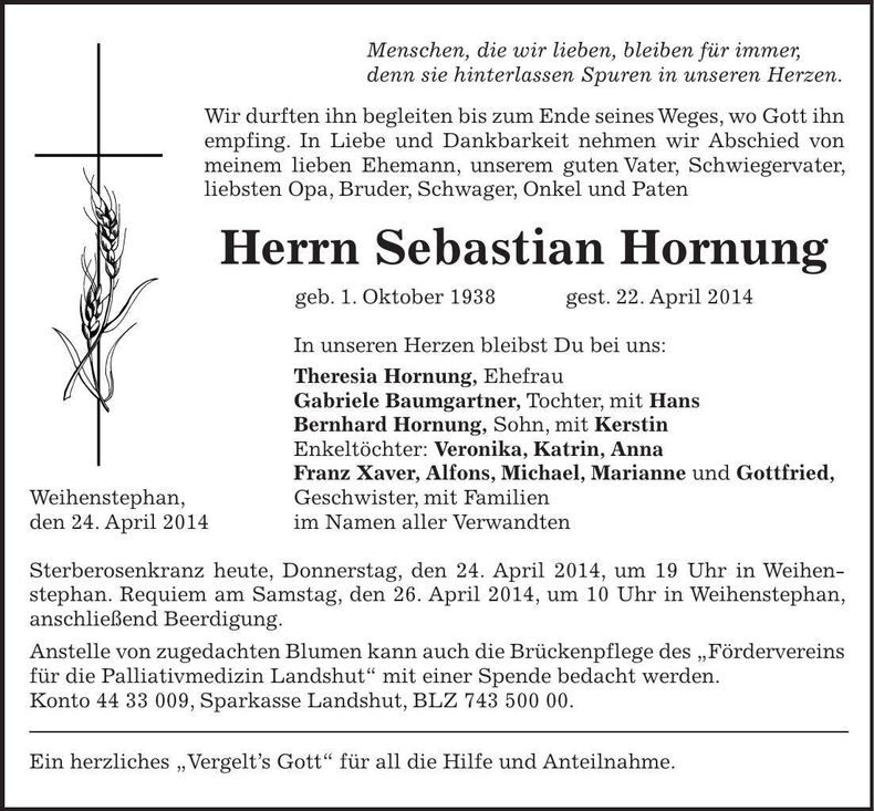 Traueranzeige Sebastian Hornung