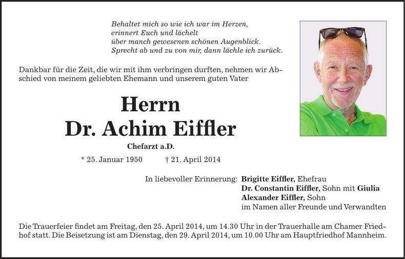 Traueranzeige Achim Dr. Eiffler
