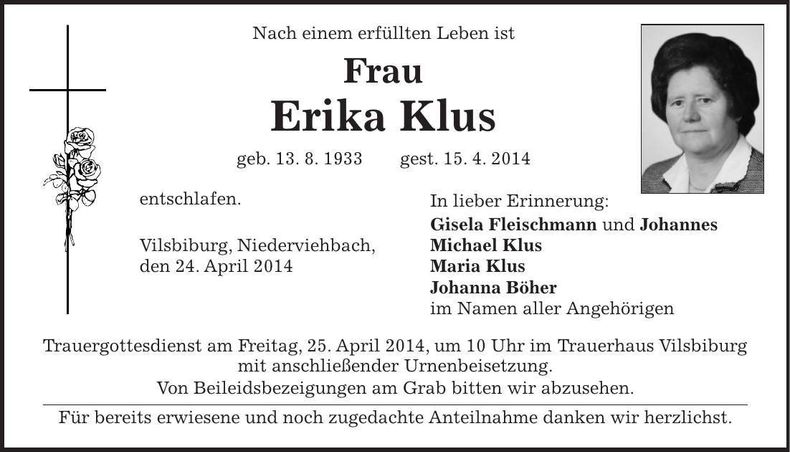 Traueranzeige Erika Klus