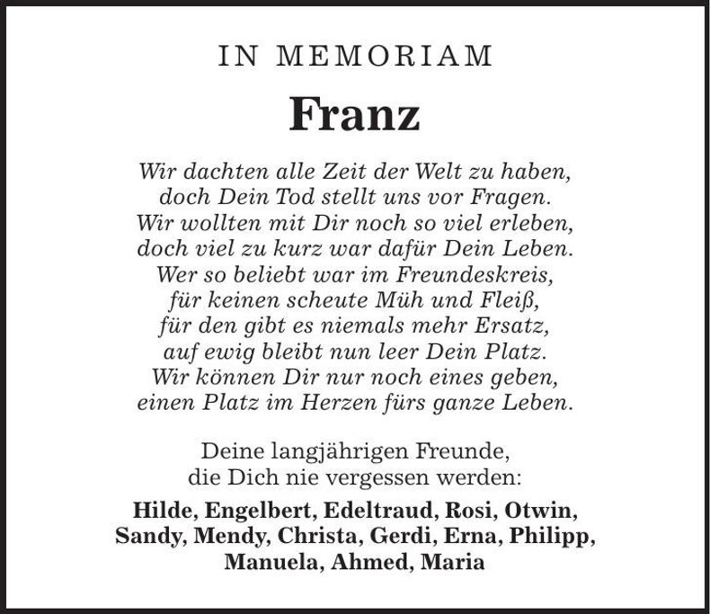 Traueranzeige Franz Sporeer