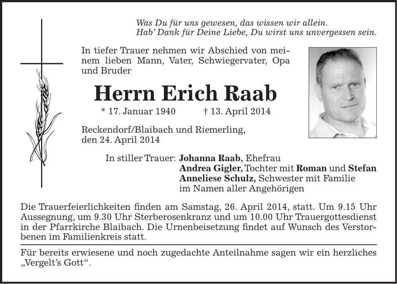 Traueranzeige Erich Raab