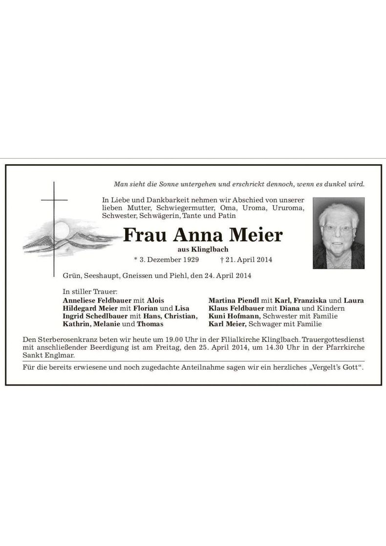 Traueranzeige Anna Meier