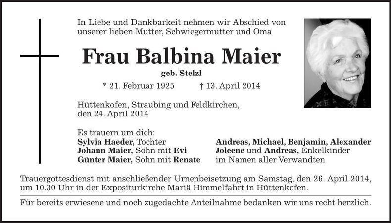 Traueranzeige Balbina Maier