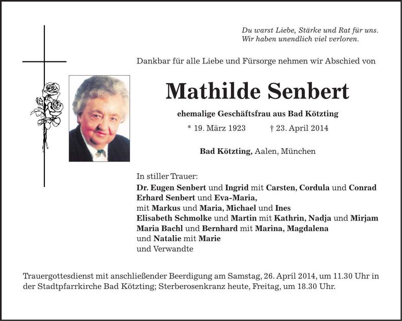 Traueranzeige Mathilde Senbert