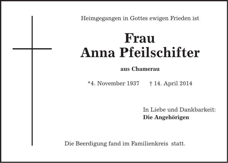 Traueranzeige Anna Pfeilschifter