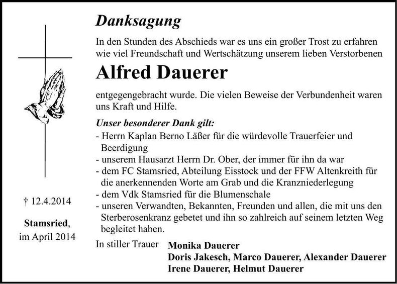 Traueranzeige Alfred Dauerer