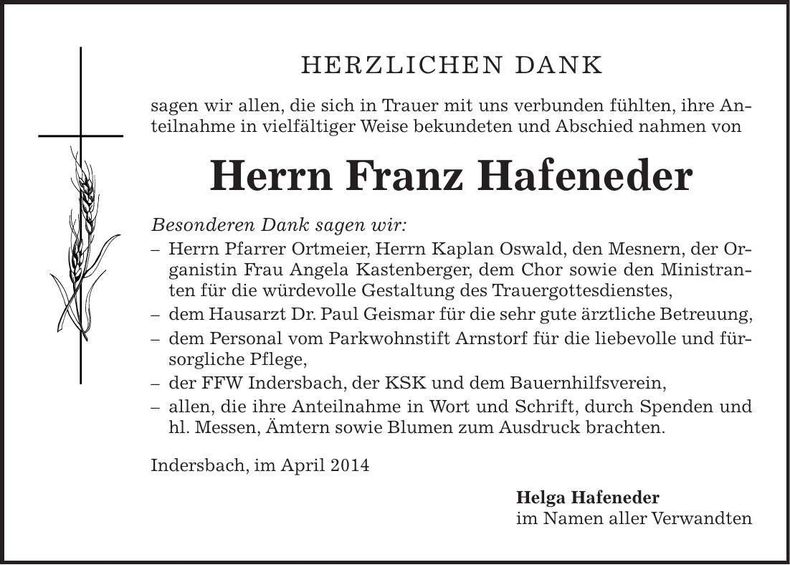 Traueranzeige Franz Hafeneder