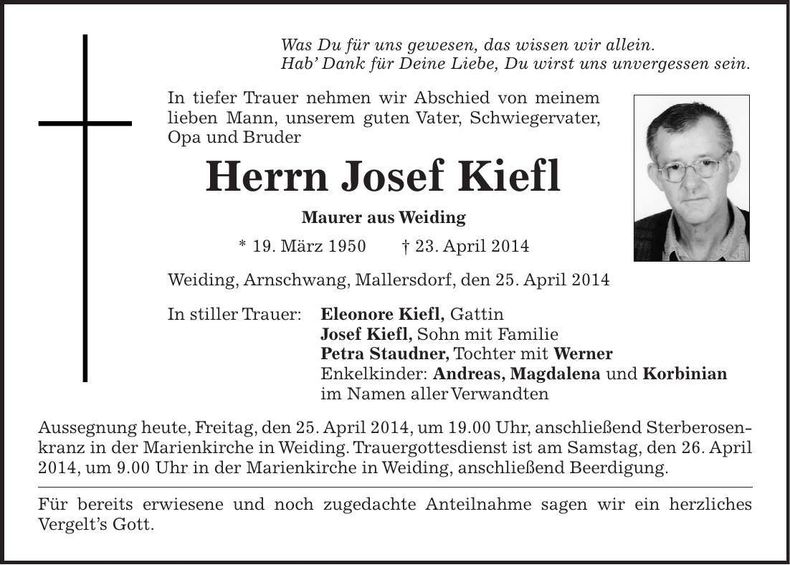 Traueranzeige Josef Kiefl
