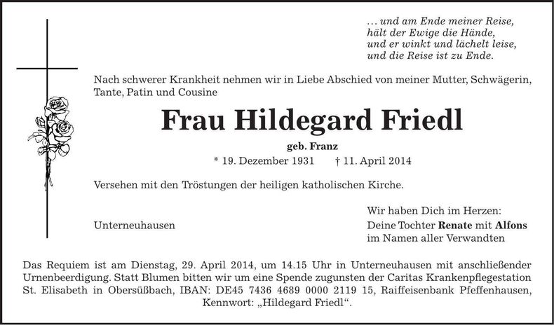 Traueranzeige Hildegard Friedl