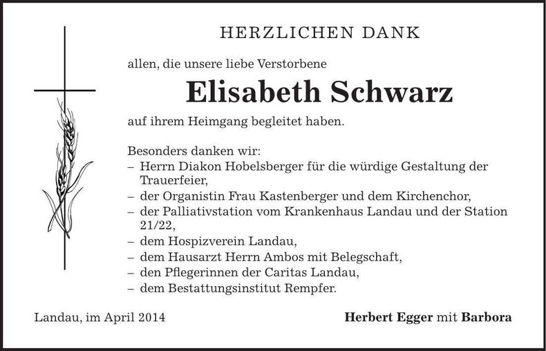 Traueranzeige Elisabeth Schwarz