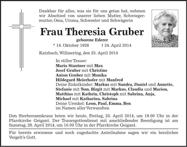 Traueranzeige Theresia Gruber