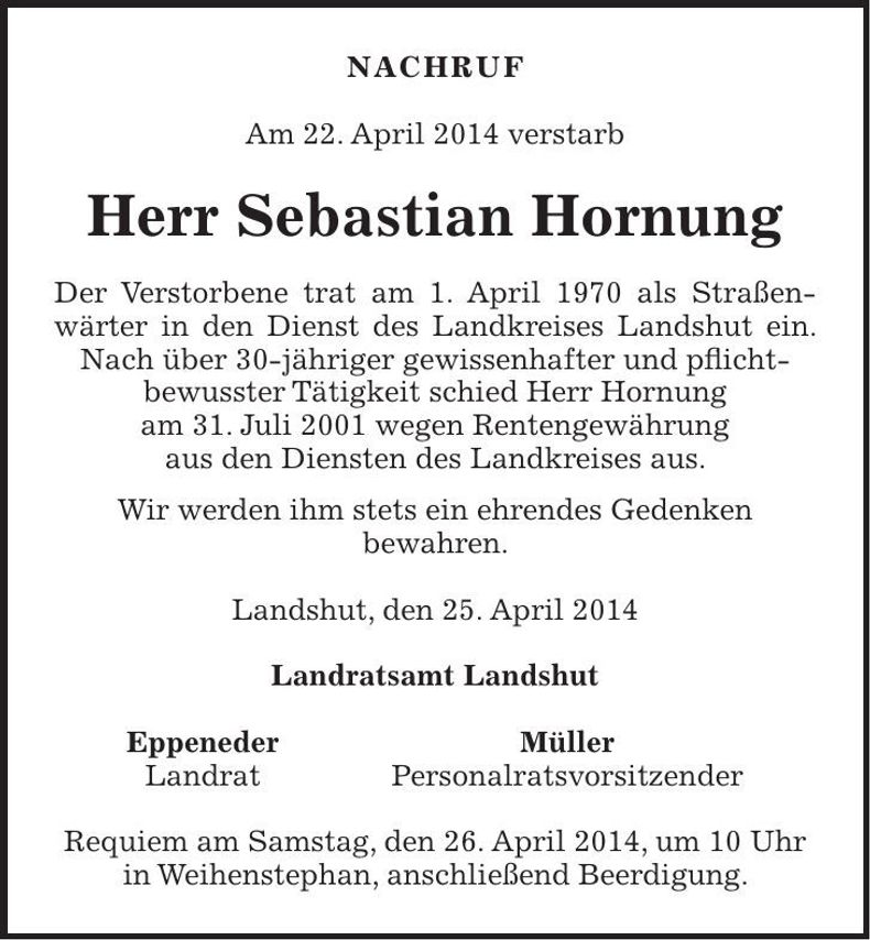 Traueranzeige Sebastian Hornung