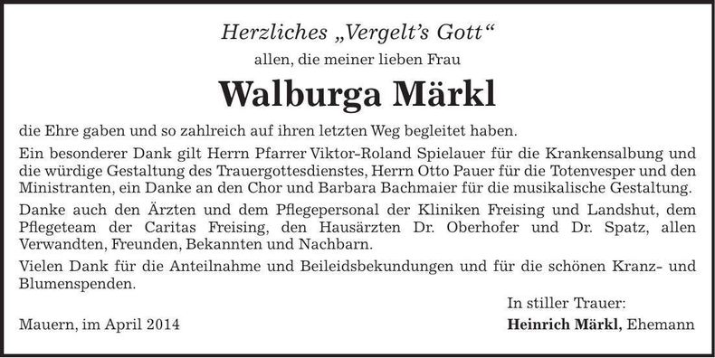 Traueranzeige Walburga Märkl