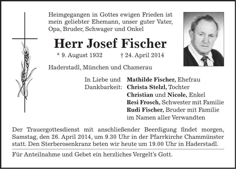 Traueranzeige Josef Fischer