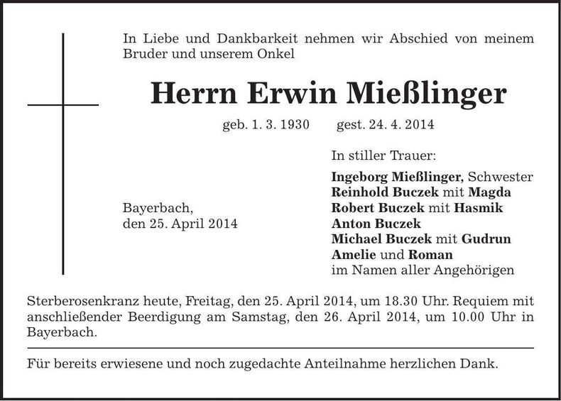Traueranzeige Erwin Mießlinger