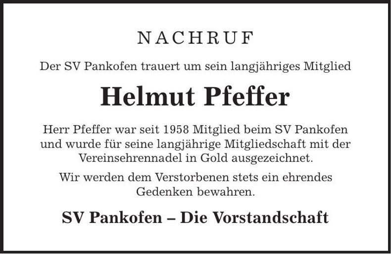 Traueranzeige Helmut Pfeffer