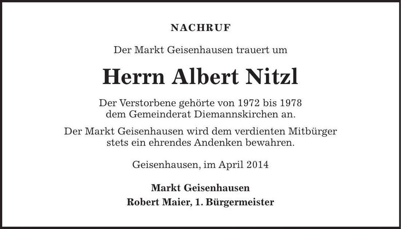 Traueranzeige Albert Nitzl