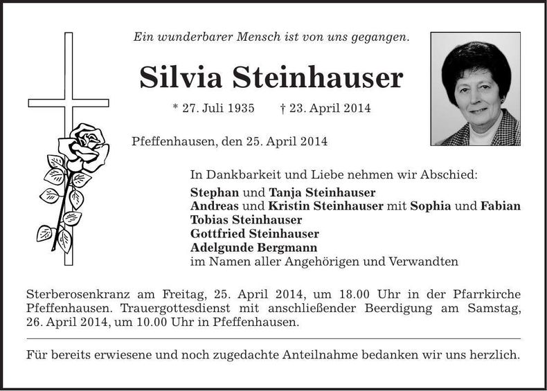 Traueranzeige Verena Steinhauser
