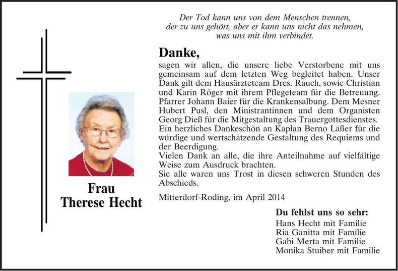 Traueranzeige Therese Hecht