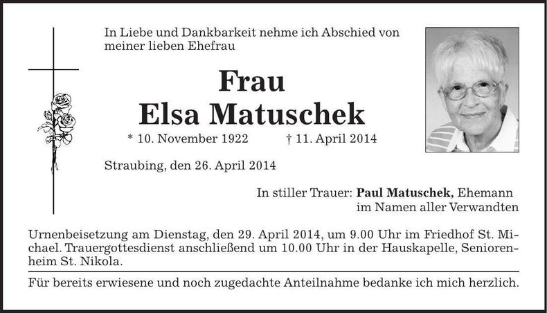 Traueranzeige Elsa Matuschek