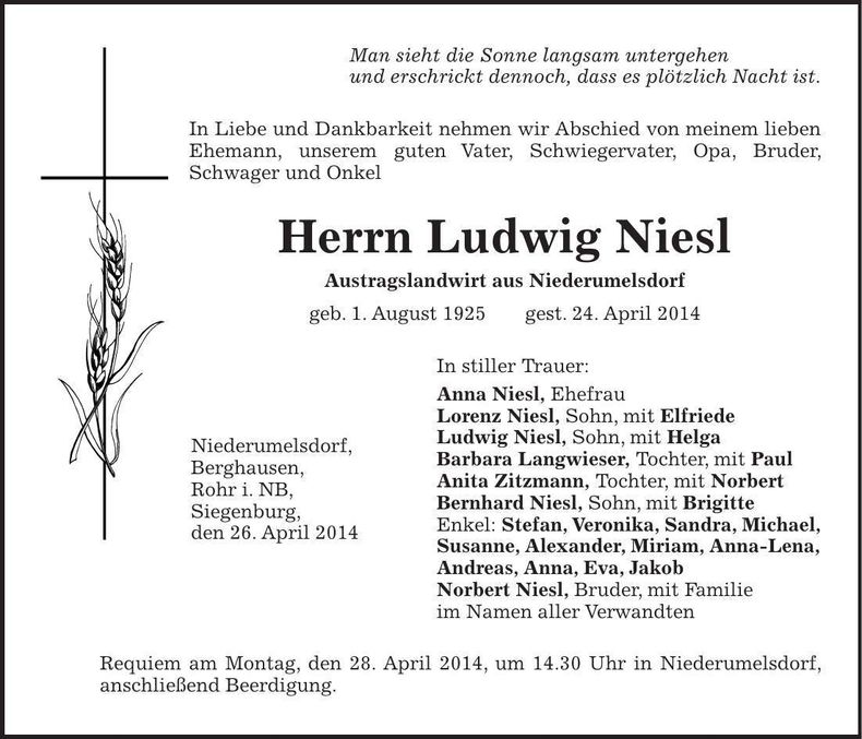 Traueranzeige Ludwig Niesl