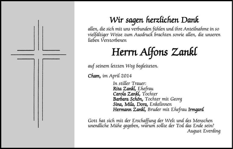 Traueranzeige Alfons Zankl