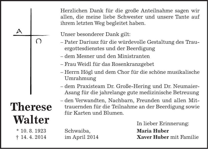 Traueranzeige Therese Walter