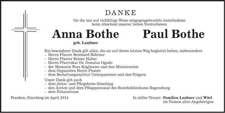 Traueranzeige Anna und Paul Bothe