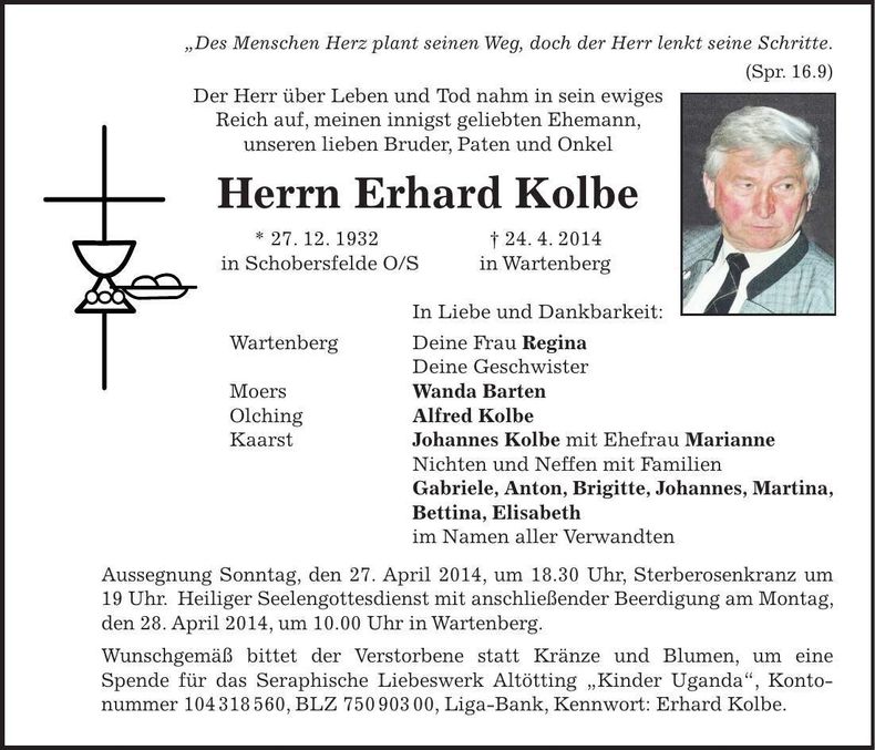 Traueranzeige Erhard Kolbe