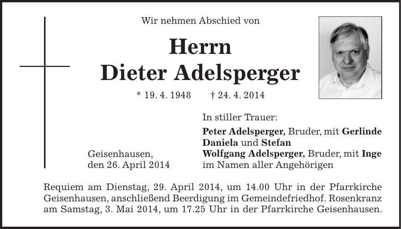 Traueranzeige Dieter Adelsperger
