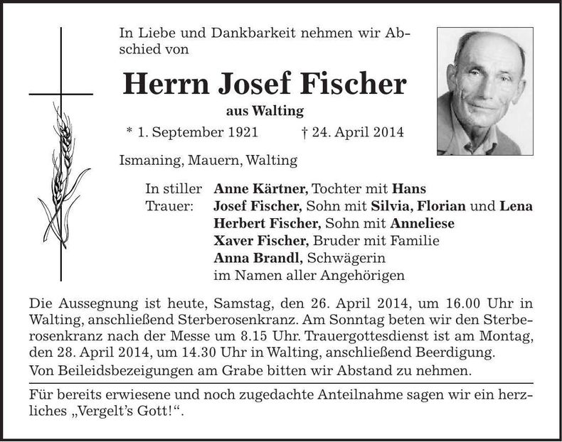 Traueranzeige Josef Fischer