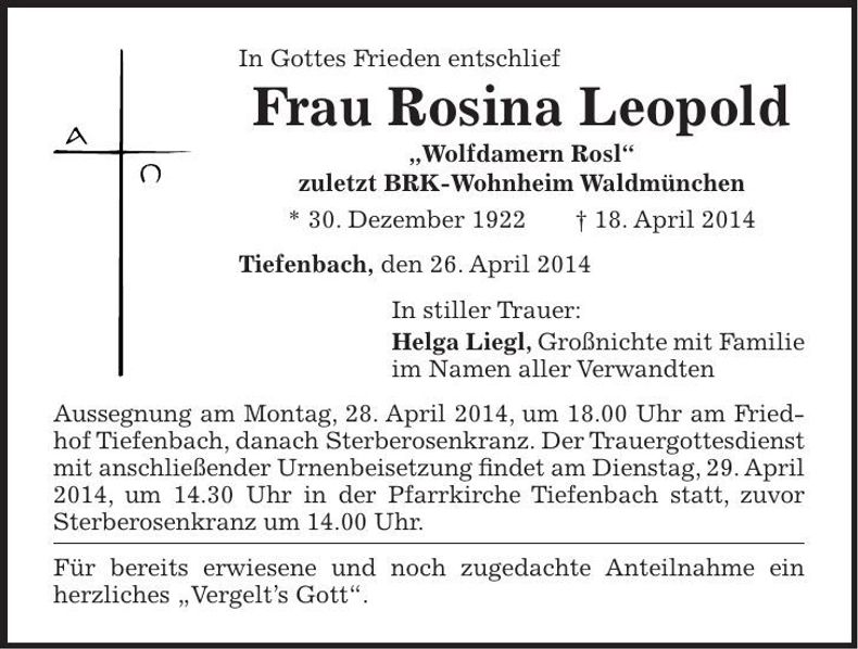 Traueranzeige Rosina Leopold