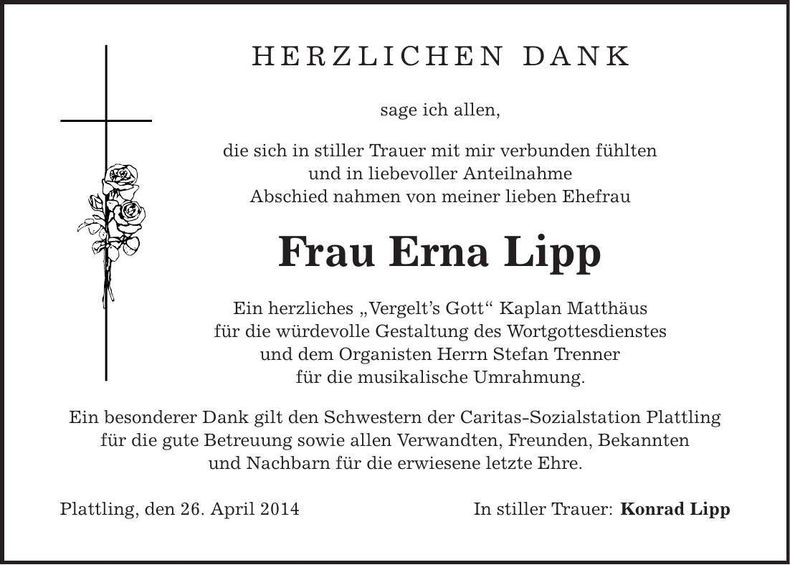 Traueranzeige Erna Lipp