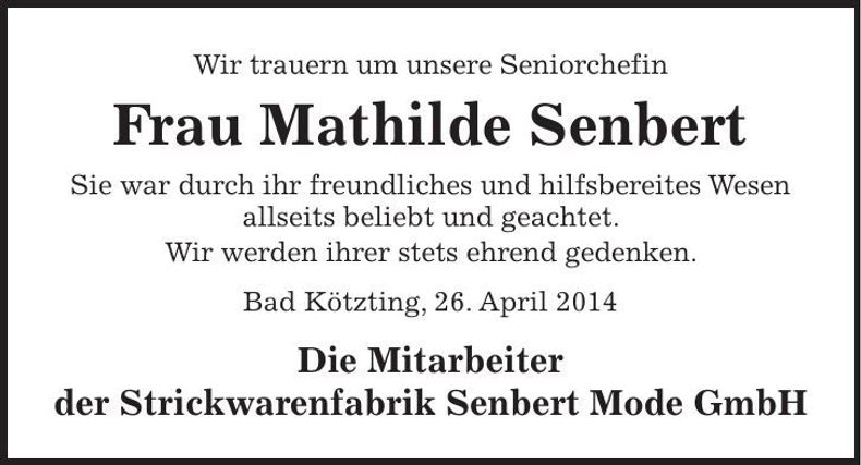 Traueranzeige Mathilde Senbert