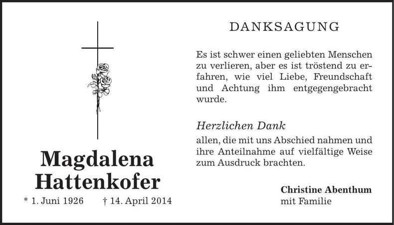 Traueranzeige Magdalena Hattenkofer
