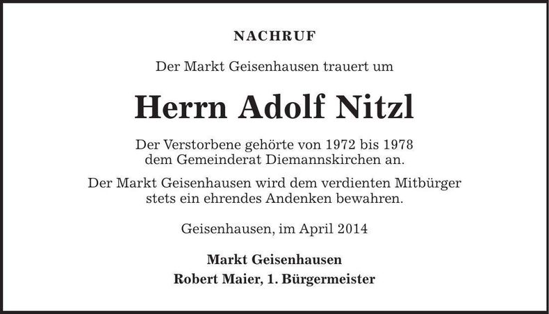 Traueranzeige Adolf Nitzl