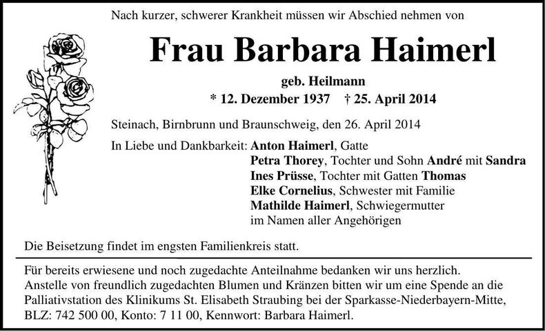 Traueranzeige Barbara Haimerl