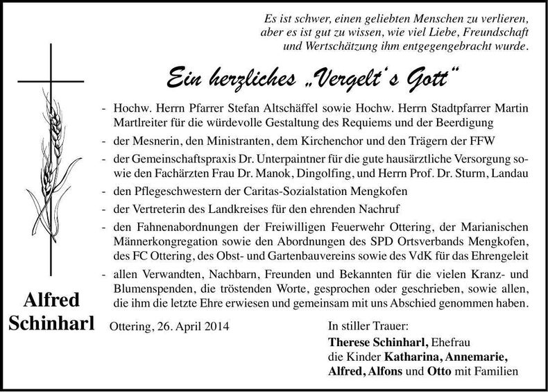 Traueranzeige Alfred Schinharl