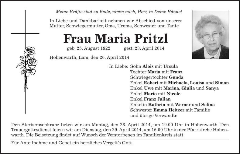 Traueranzeige Maria Pritzl