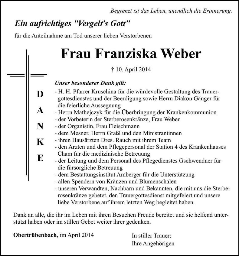 Traueranzeige Franziska Weber