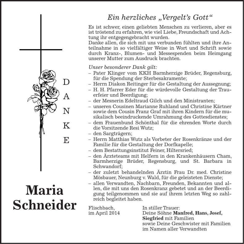 Traueranzeige Maria Schneider