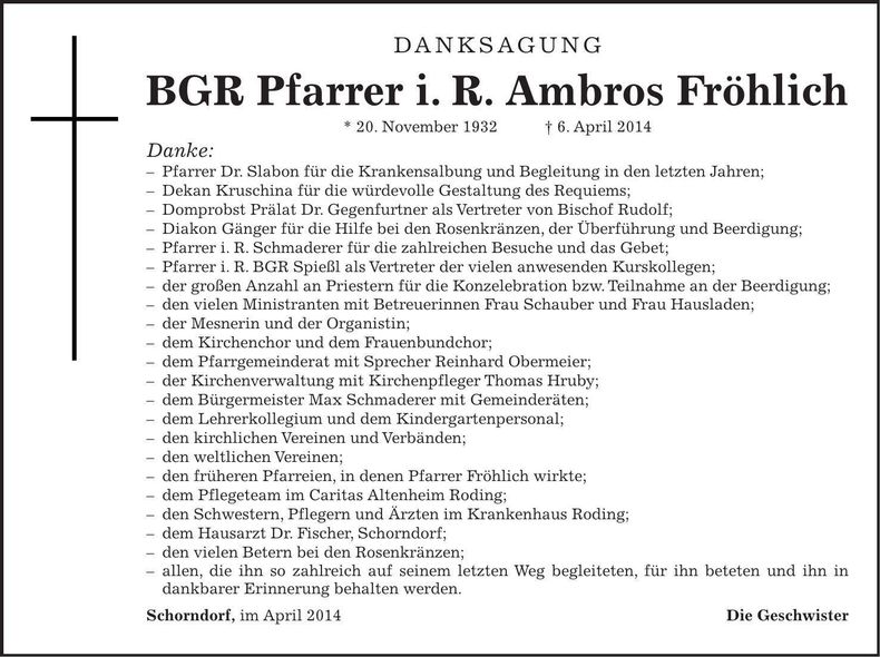 Traueranzeige BGR Pfarrer i.R. Ambros Fröhlich