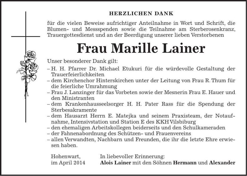 Traueranzeige Marille Lainer