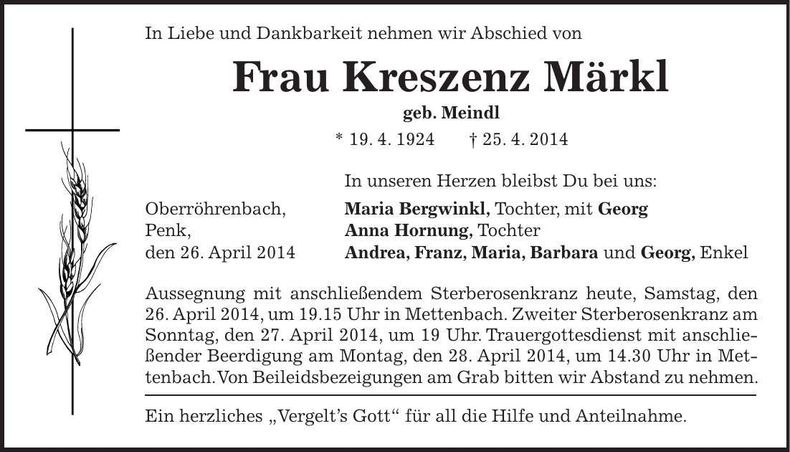 Traueranzeige Kreszens Märkl