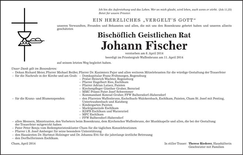 Traueranzeige Johann Fischer