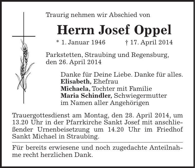 Traueranzeige Josef Oppel