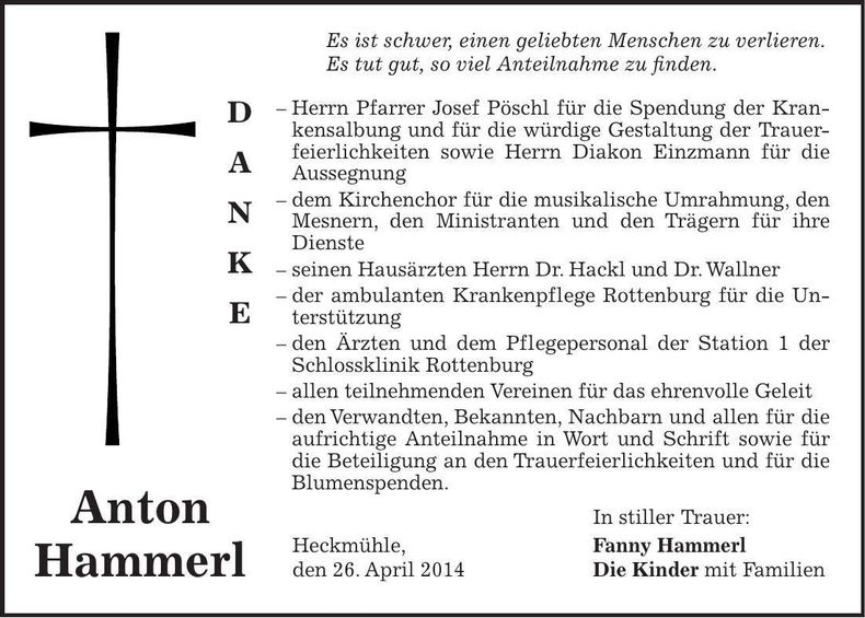 Traueranzeige Anton Hammerl