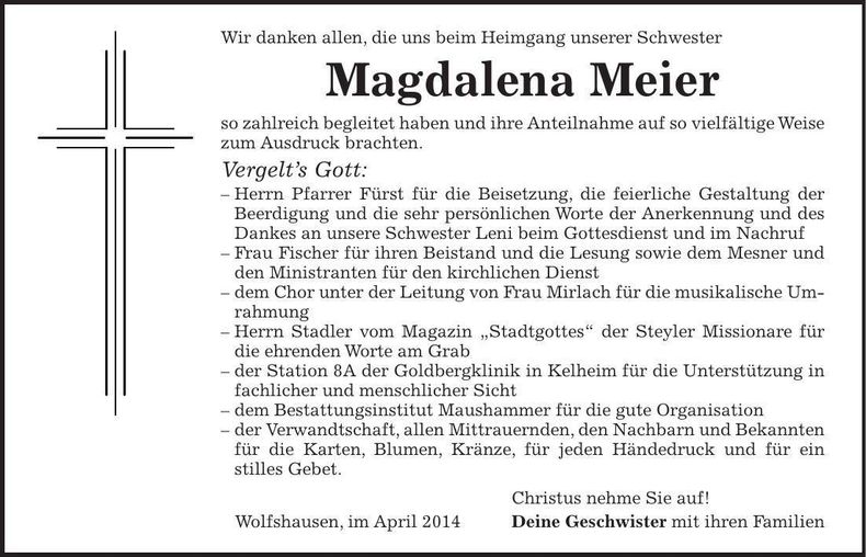 Traueranzeige Magdalena Meier